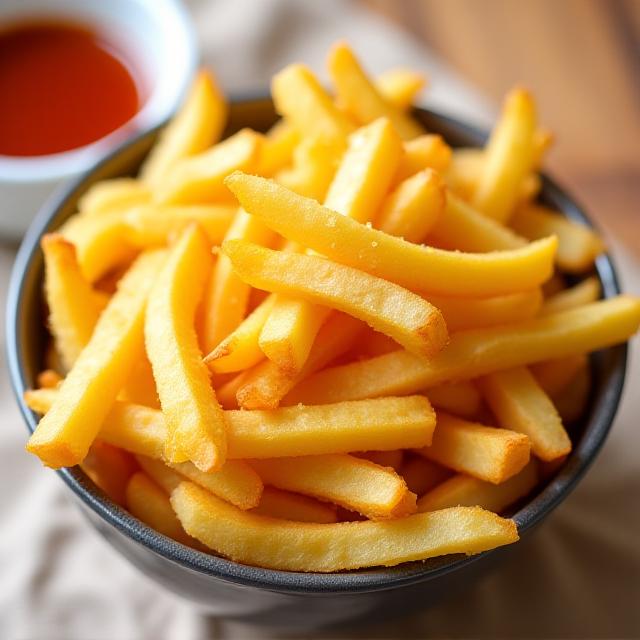 Golden crispy French fries in serving bowl