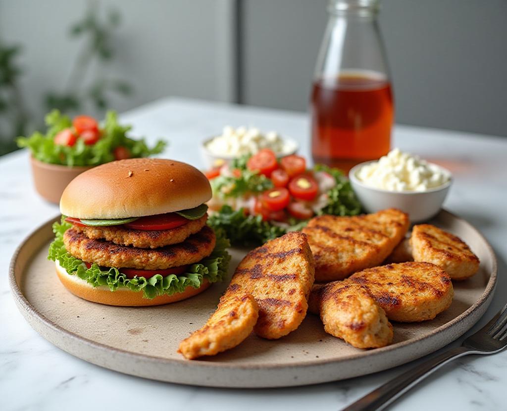 High protein meal with burger, chicken, and protein sides