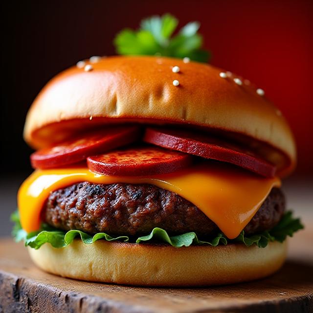 Beef burger with spicy chorizo and premium toppings