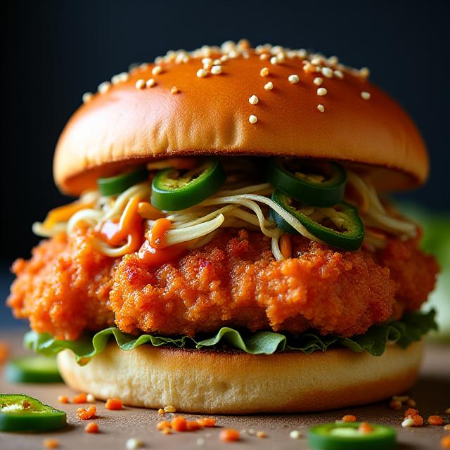 Spicy chicken burger with hot sauce and fresh vegetables